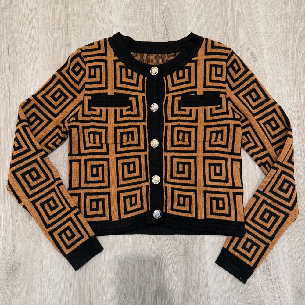 Geometric Pattern Cardigan - Black and Tan size xs
